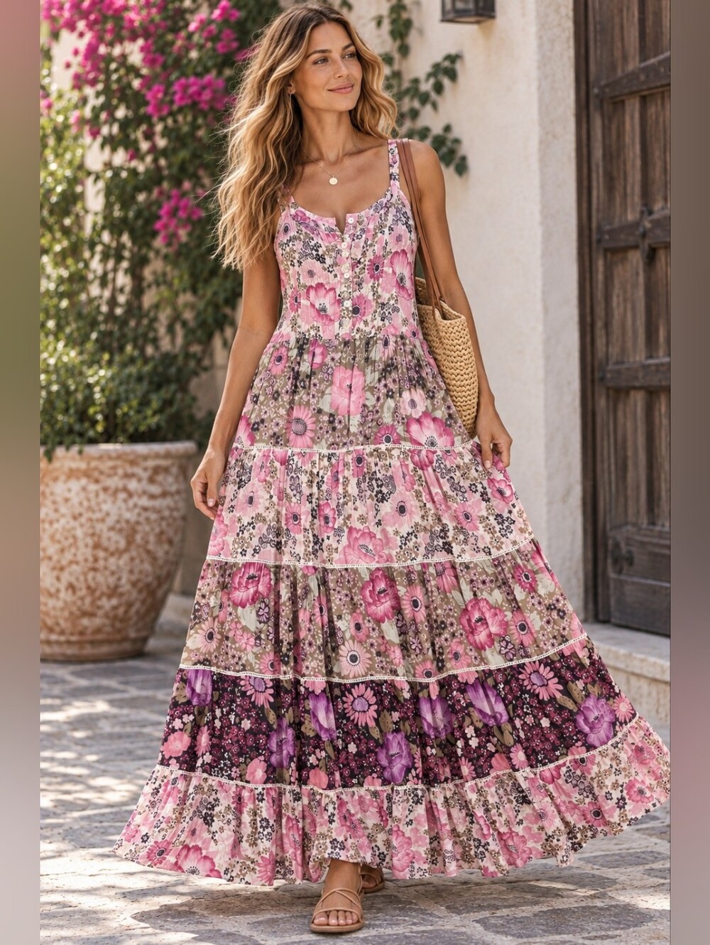 Spell & The Gypsy Desert Daisy Maxi Dress Long Lilac Floral Henley Tiered XS